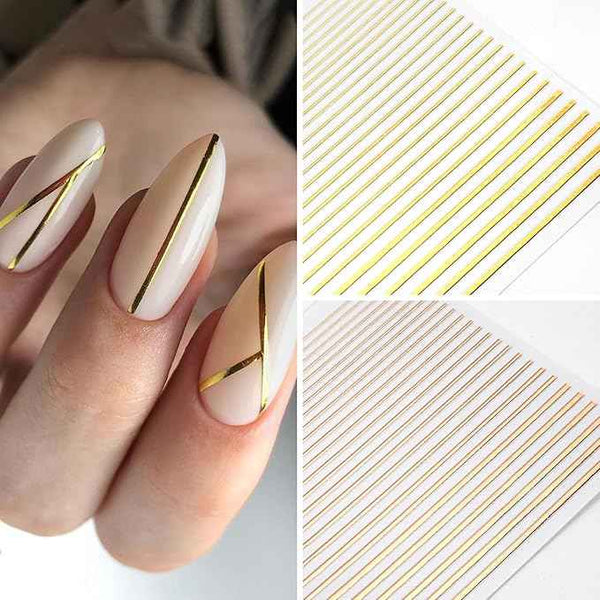 15Pcs Gold Silver Lines Nail Art Stickers Decals 3D Golden French Manicure Strips Self-Adhesive Nails Art Decorations Supplies Geometric Waved Stripe Tape Manicure Sliders for Women DIY