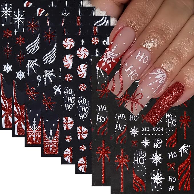 8 Sheets Christmas Nail Art Stickers Glitter Snowflake Candy 3D Self-Adhesive Winter Xmas Nail Decals Red Gold Glitter Candy Stripe French Nail Design Christmas Gift Bow Holiday Nail Decor for Women
