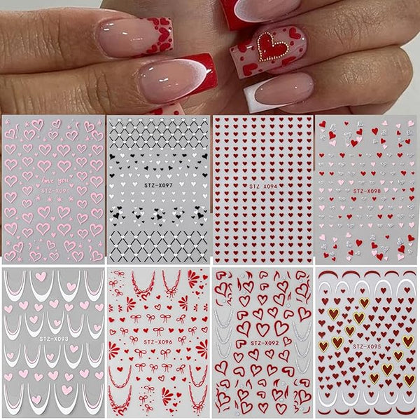 8pcs Heart Nail Stickers,Valentine's Nail Decals French Love-Heart Kawaii Lace Bow Tie Design Hollow Sweet Red Pink 3D Glittery Hearts Shaped Wavy Line Adhesive Sticker DIY Manicure Supplies Decor - Bel Marant