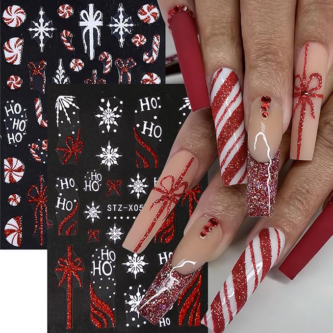 8 Sheets Christmas Nail Art Stickers Glitter Snowflake Candy 3D Self-Adhesive Winter Xmas Nail Decals Red Gold Glitter Candy Stripe French Nail Design Christmas Gift Bow Holiday Nail Decor for Women