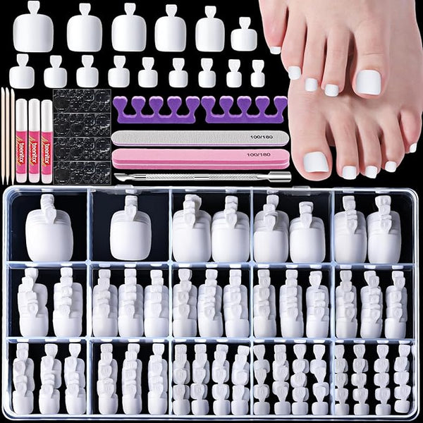 Teenitor White Press on Toenails for Women, 240pcs 15 Sizes of Toe Nail Press ons Fake Toe Nails Tips with Nail Glue, White Toe Press on Nails Square, Toe Nails Press on False Toenails