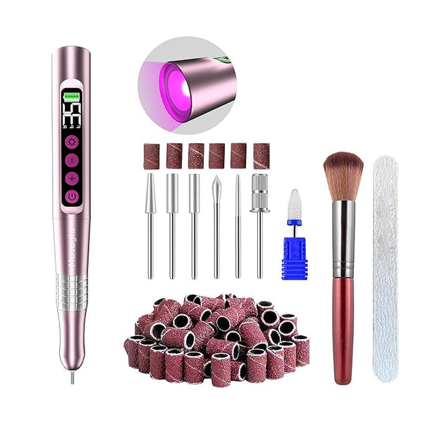 Professional Cordless Nail Drill with UV Light, 35,000 RPM Electric Nail File for Acrylic Gel Dip Powder Nail Tool, Portable Rechargeable Manicure Pedicure Kit, Rose Gold