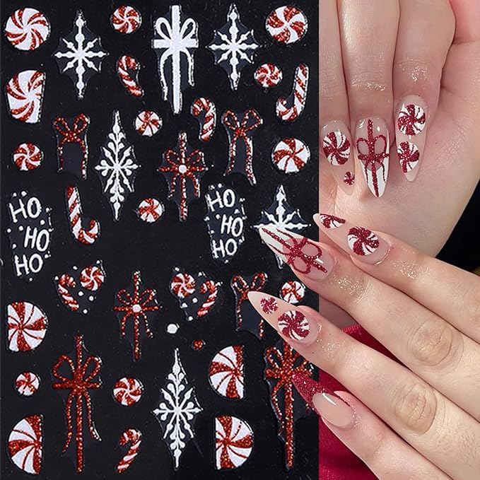 8 Sheets Christmas Nail Art Stickers Glitter Snowflake Candy 3D Self-Adhesive Winter Xmas Nail Decals Red Gold Glitter Candy Stripe French Nail Design Christmas Gift Bow Holiday Nail Decor for Women