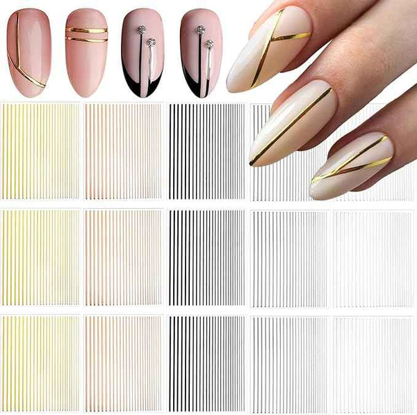15Pcs Gold Silver Lines Nail Art Stickers Decals 3D Golden French Manicure Strips Self-Adhesive Nails Art Decorations Supplies Geometric Waved Stripe Tape Manicure Sliders for Women DIY