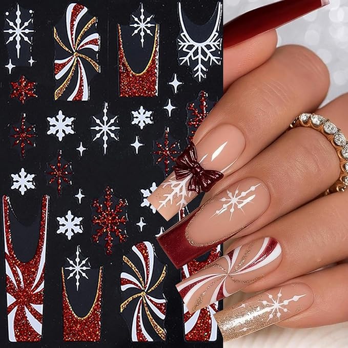 8 Sheets Christmas Nail Art Stickers Glitter Snowflake Candy 3D Self-Adhesive Winter Xmas Nail Decals Red Gold Glitter Candy Stripe French Nail Design Christmas Gift Bow Holiday Nail Decor for Women