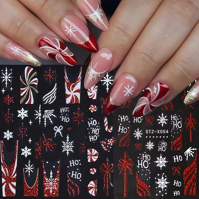 8 Sheets Christmas Nail Art Stickers Glitter Snowflake Candy 3D Self-Adhesive Winter Xmas Nail Decals Red Gold Glitter Candy Stripe French Nail Design Christmas Gift Bow Holiday Nail Decor for Women