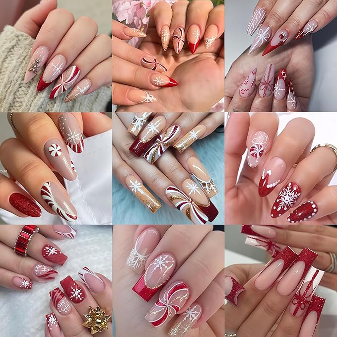 8 Sheets Christmas Nail Art Stickers Glitter Snowflake Candy 3D Self-Adhesive Winter Xmas Nail Decals Red Gold Glitter Candy Stripe French Nail Design Christmas Gift Bow Holiday Nail Decor for Women